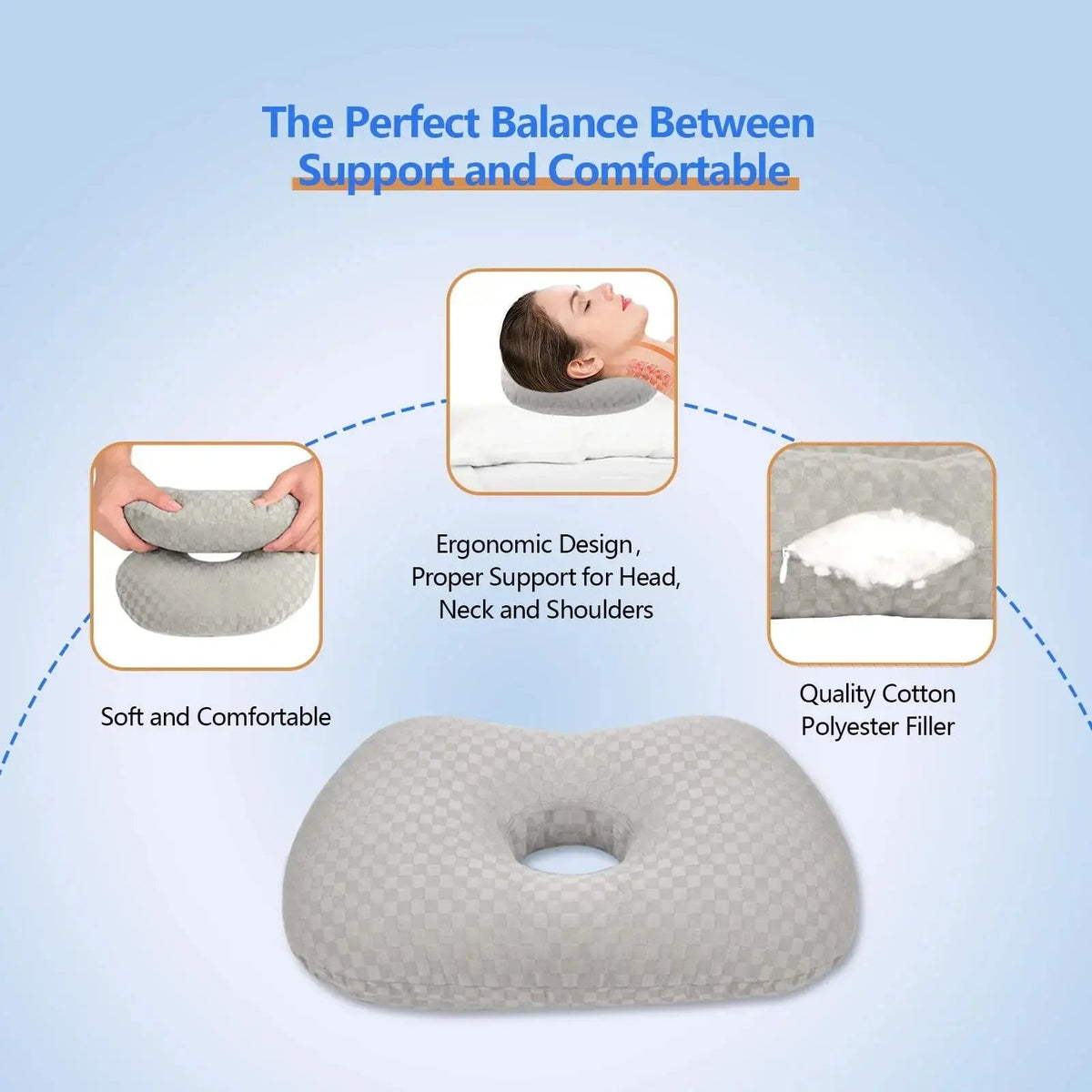 Adjustable Ear Support Pillow with Center Hole, Curved Cotton Pillow Topper, 17 x 13 in