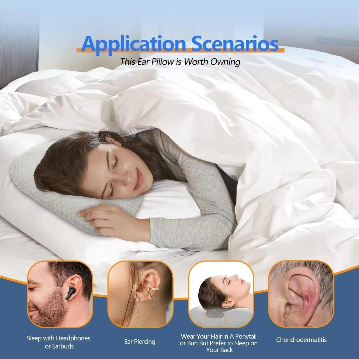 Adjustable Ear Support Pillow with Center Hole, Curved Cotton Pillow Topper, 17 x 13 in