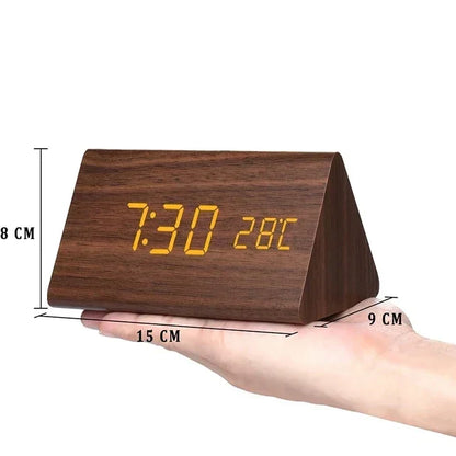 Wood Effect LED Digital Alarm Clock with Voice Control & Temperature Display