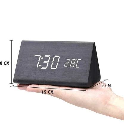 Wood Effect LED Digital Alarm Clock with Voice Control & Temperature Display