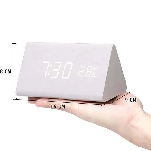 Wood Effect LED Digital Alarm Clock with Voice Control & Temperature Display