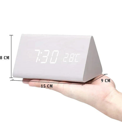 Wood Effect LED Digital Alarm Clock with Voice Control & Temperature Display