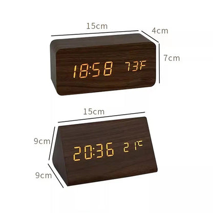Wood Effect LED Digital Alarm Clock with Voice Control & Temperature Display