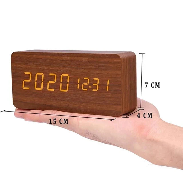 Wood Effect LED Digital Alarm Clock with Voice Control & Temperature Display