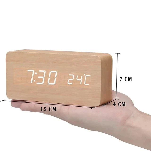 Wood Effect LED Digital Alarm Clock with Voice Control & Temperature Display