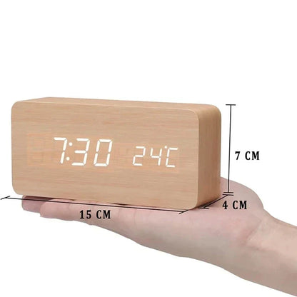 Wood Effect LED Digital Alarm Clock with Voice Control & Temperature Display