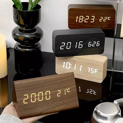 Wood Effect LED Digital Alarm Clock with Voice Control & Temperature Display