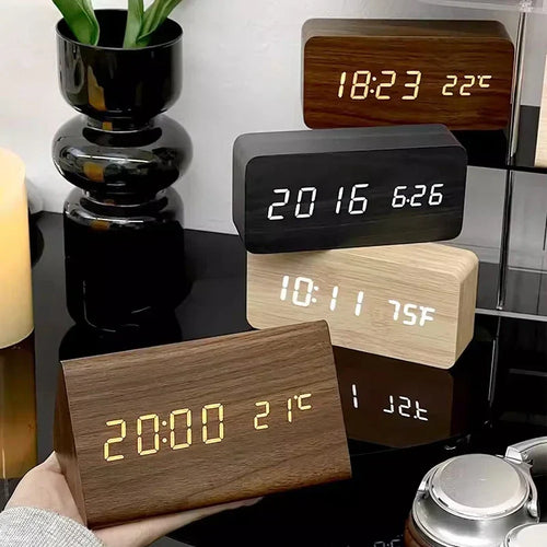 Wood Effect LED Digital Alarm Clock with Voice Control & Temperature Display