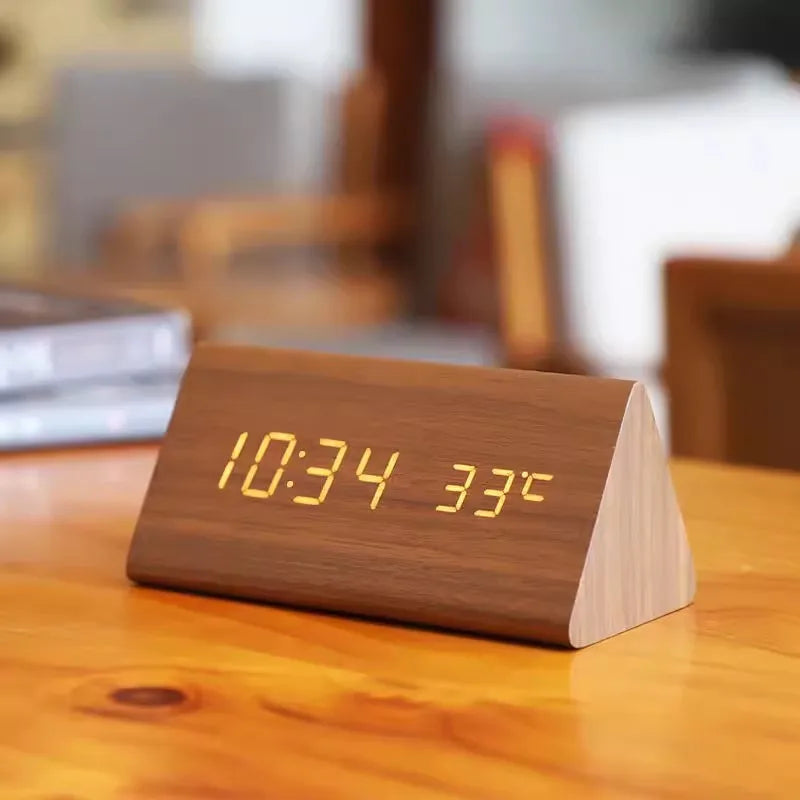 Wood Effect LED Digital Alarm Clock with Voice Control & Temperature Display