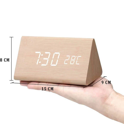 Wood Effect LED Digital Alarm Clock with Voice Control & Temperature Display