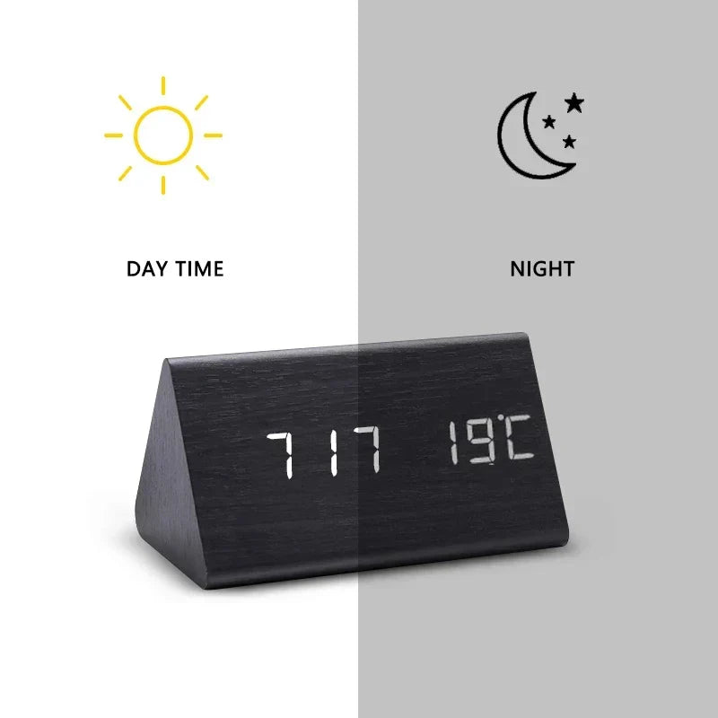 Wood Effect LED Digital Alarm Clock with Voice Control & Temperature Display