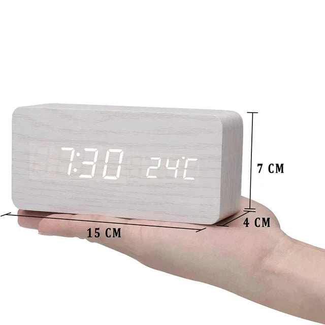 Wood Effect LED Digital Alarm Clock with Voice Control & Temperature Display