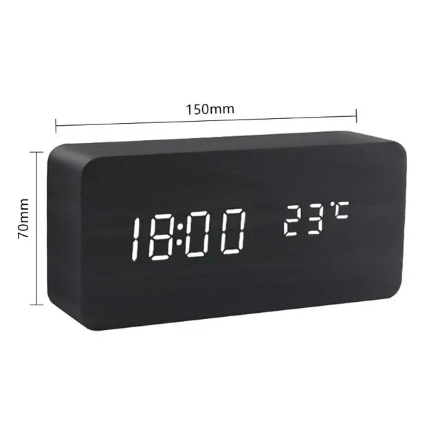 Wood Effect LED Digital Alarm Clock with Voice Control & Temperature Display