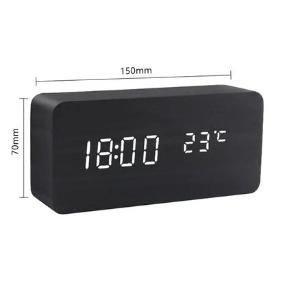 Wood Effect LED Digital Alarm Clock with Voice Control & Temperature Display