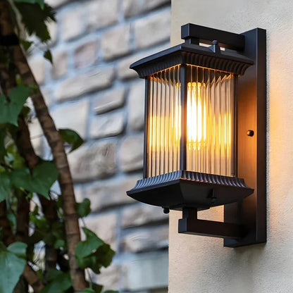 Classic Outdoor Lantern Wall Light, Black Exterior Porch Sconce with Fluted Glass, E27