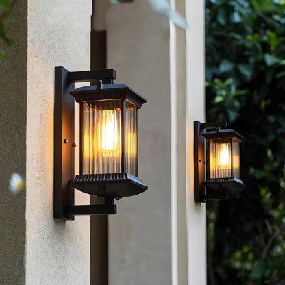 Classic Outdoor Lantern Wall Light, Black Exterior Porch Sconce with Fluted Glass, E27