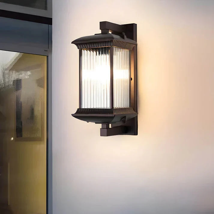 Classic Outdoor Lantern Wall Light, Black Exterior Porch Sconce with Fluted Glass, E27