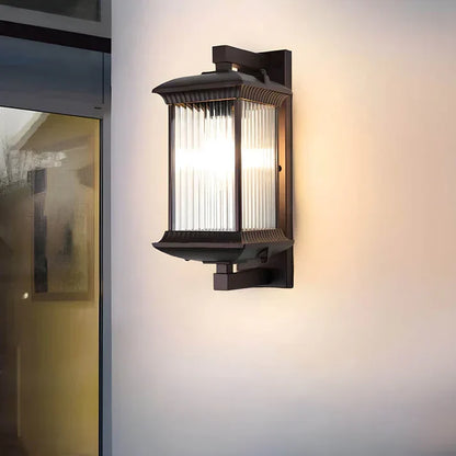 Classic Outdoor Lantern Wall Light, Black Exterior Porch Sconce with Fluted Glass, E27