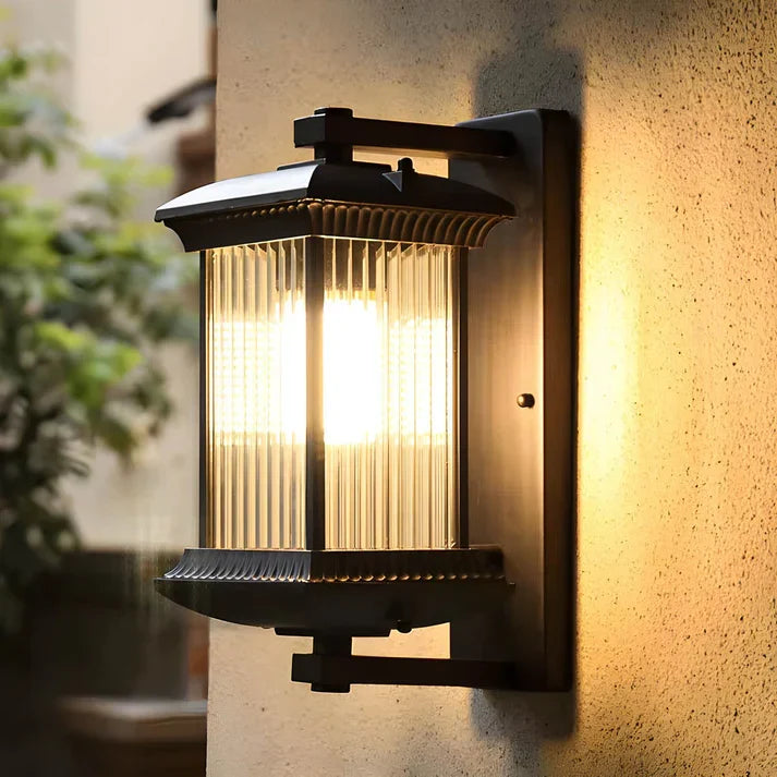 Classic Outdoor Lantern Wall Light, Black Exterior Porch Sconce with Fluted Glass, E27