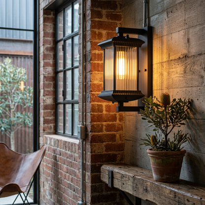 Classic Outdoor Lantern Wall Light, Black Exterior Porch Sconce with Fluted Glass, E27