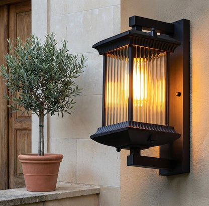 Classic Outdoor Lantern Wall Light, Black Exterior Porch Sconce with Fluted Glass, E27