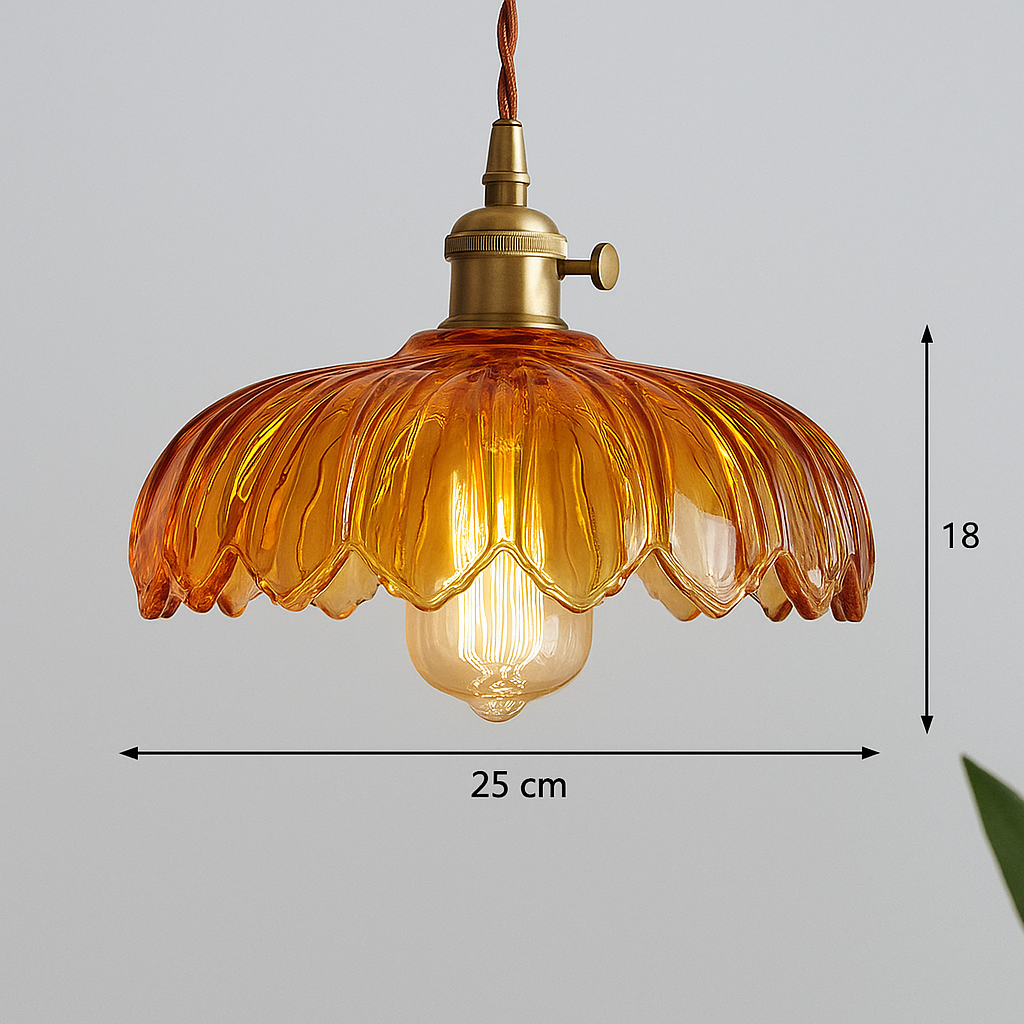 Vintage Flower Glass Pendant Light, Scalloped Glass Hanging Lamp with Brass Socket for Kitchen and Dining Room