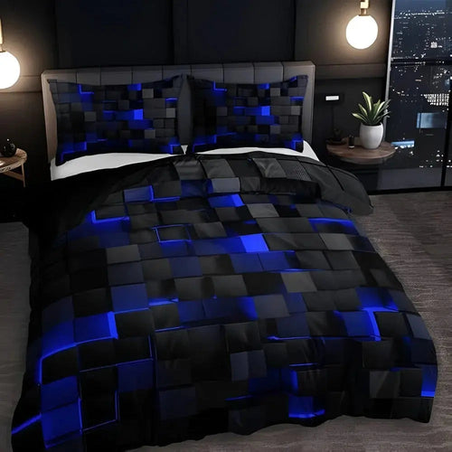 Modern Geometric Bedding Set with 3D Square Pattern, Quilt Cover and 2 Pillowcases, Soft Microfiber