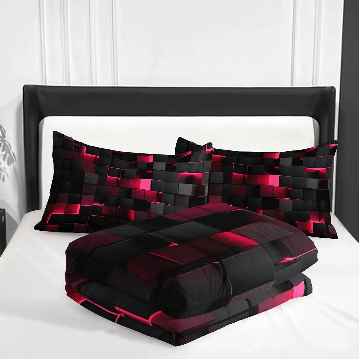 Modern Geometric Bedding Set with 3D Square Pattern, Quilt Cover and 2 Pillowcases, Soft Microfiber