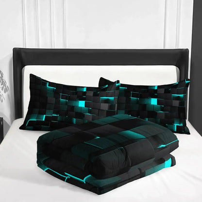 Modern Geometric Bedding Set with 3D Square Pattern, Quilt Cover and 2 Pillowcases, Soft Microfiber
