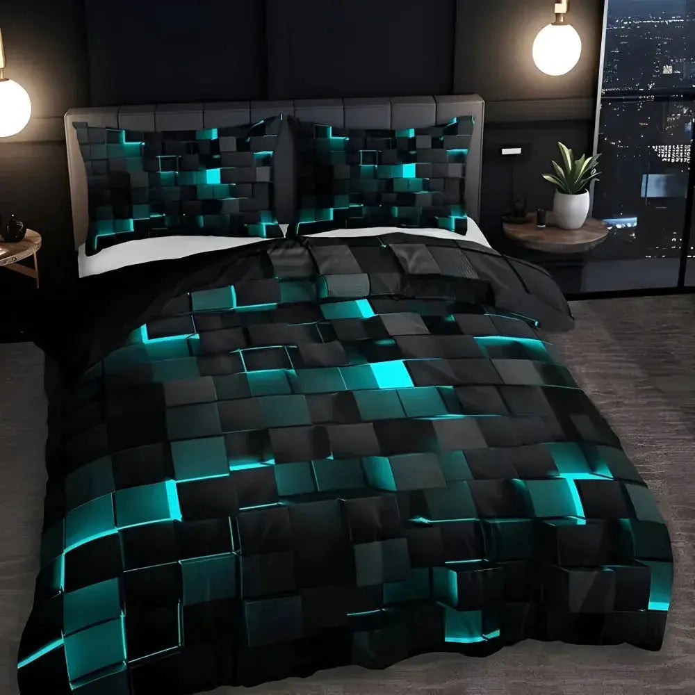 Modern Geometric Bedding Set with 3D Square Pattern, Quilt Cover and 2 Pillowcases, Soft Microfiber