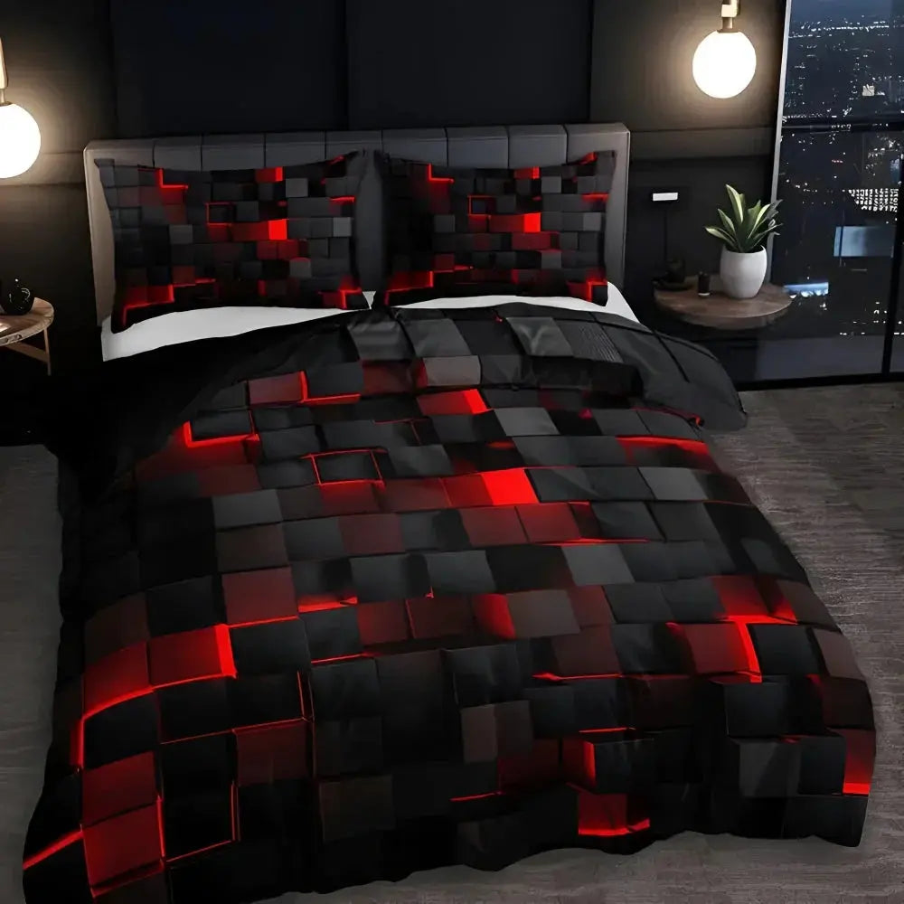 Modern Geometric Bedding Set with 3D Square Pattern, Quilt Cover and 2 Pillowcases, Soft Microfiber
