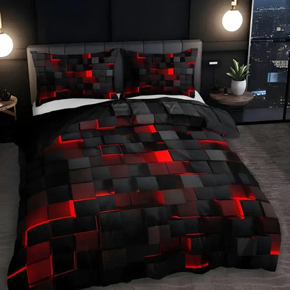 Modern Geometric Bedding Set with 3D Square Pattern, Quilt Cover and 2 Pillowcases, Soft Microfiber