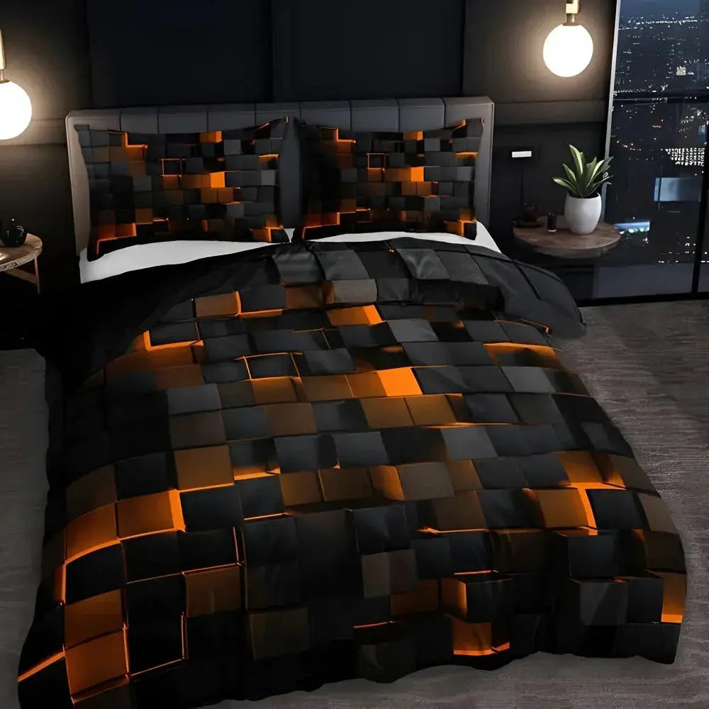 Modern Geometric Bedding Set with 3D Square Pattern, Quilt Cover and 2 Pillowcases, Soft Microfiber