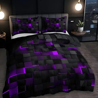 Modern Geometric Bedding Set with 3D Square Pattern, Quilt Cover and 2 Pillowcases, Soft Microfiber