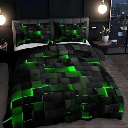 Modern Geometric Bedding Set with 3D Square Pattern, Quilt Cover and 2 Pillowcases, Soft Microfiber