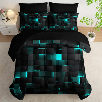 Modern Geometric Bedding Set with 3D Square Pattern, Quilt Cover and 2 Pillowcases, Soft Microfiber