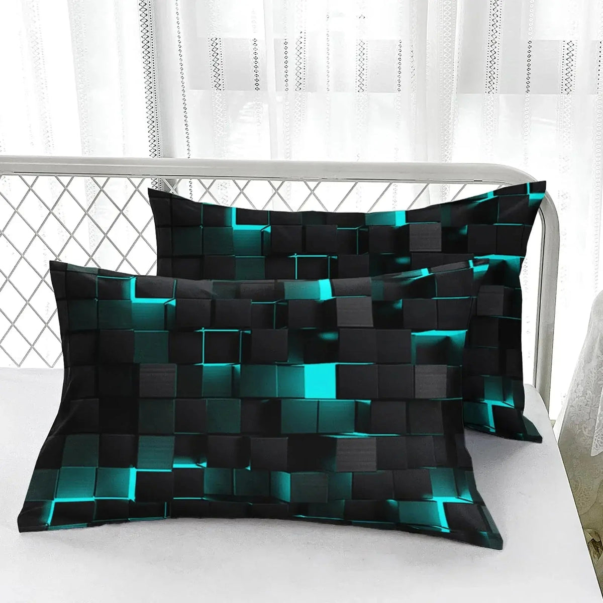Modern Geometric Bedding Set with 3D Square Pattern, Quilt Cover and 2 Pillowcases, Soft Microfiber