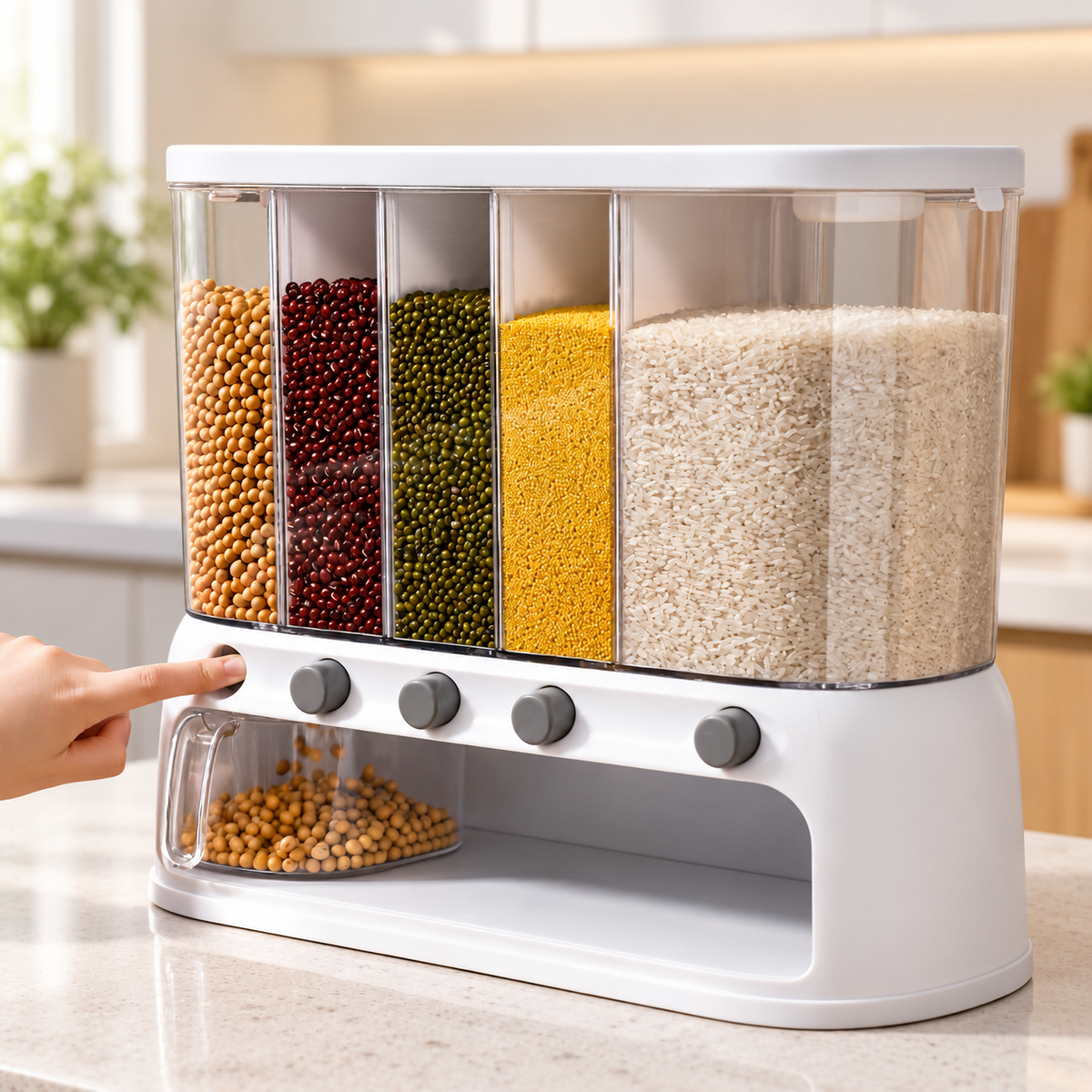 5 Compartment Dry Food Dispenser, Airtight Rice and Cereal Storage Container for Pantry