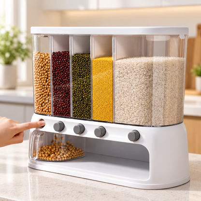 5 Compartment Dry Food Dispenser, Airtight Rice and Cereal Storage Container for Pantry