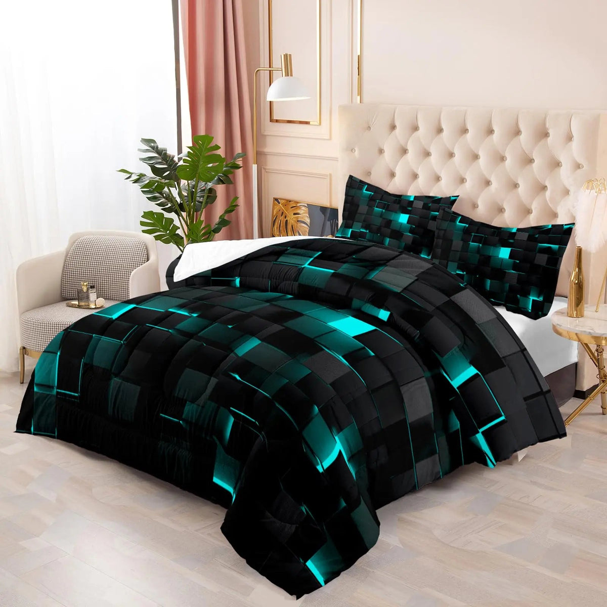 Modern Geometric Bedding Set with 3D Square Pattern, Quilt Cover and 2 Pillowcases, Soft Microfiber