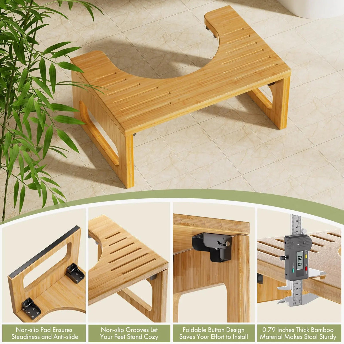 Bamboo Toilet Stool, Foldable 7 in Bathroom Footstool with Non Slip Pads, No Assembly Needed