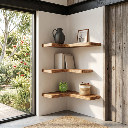 L Shaped Wood Floating Corner Shelves, Set of 3 Wall Mounted Corner Display Shelves with Hidden Brackets