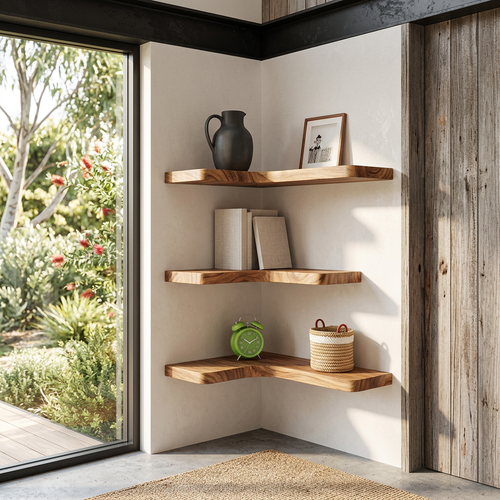 L Shaped Wood Floating Corner Shelves, Set of 3 Wall Mounted Corner Display Shelves with Hidden Brackets