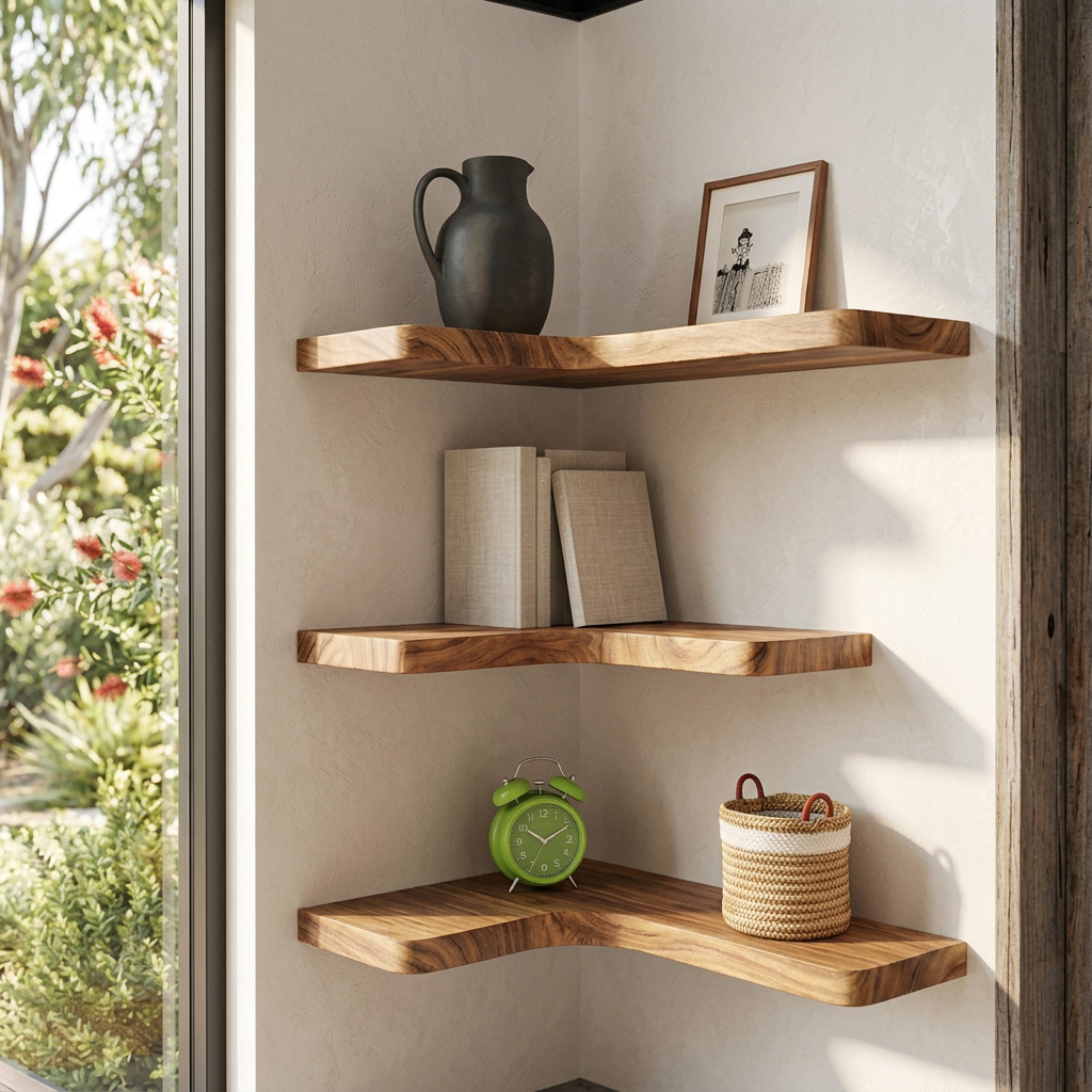 L Shaped Wood Floating Corner Shelves, Set of 3 Wall Mounted Corner Display Shelves with Hidden Brackets