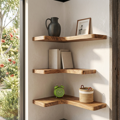L Shaped Wood Floating Corner Shelves, Set of 3 Wall Mounted Corner Display Shelves with Hidden Brackets