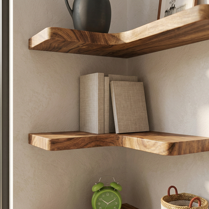L Shaped Wood Floating Corner Shelves, Set of 3 Wall Mounted Corner Display Shelves with Hidden Brackets