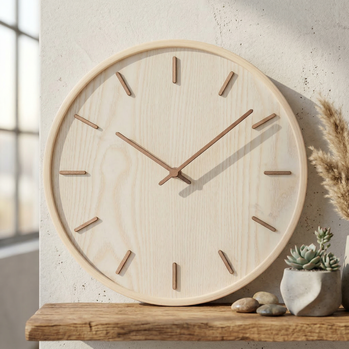 Minimalist Solid Wood Wall Clock, Silent Non-Ticking Scandinavian Clock for Living Room