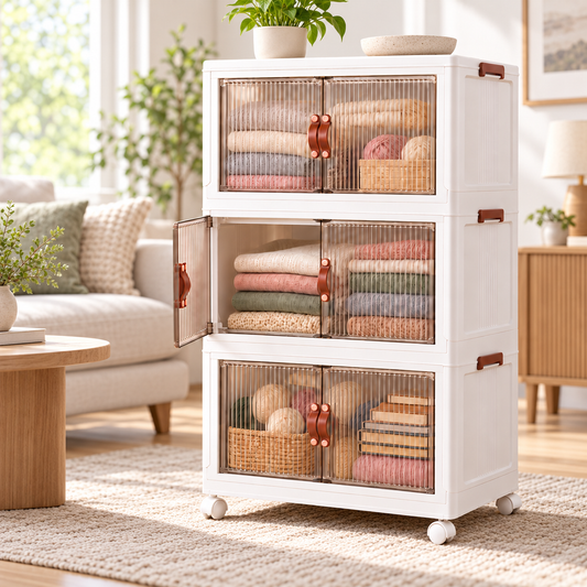 Stackable Storage Bins with Clear Doors, Collapsible Closet Organizer Shelf, 10 or 14 Gallon