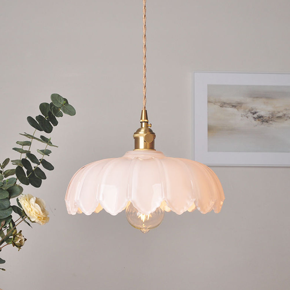 Vintage Flower Glass Pendant Light, Scalloped Glass Hanging Lamp with Brass Socket for Kitchen and Dining Room