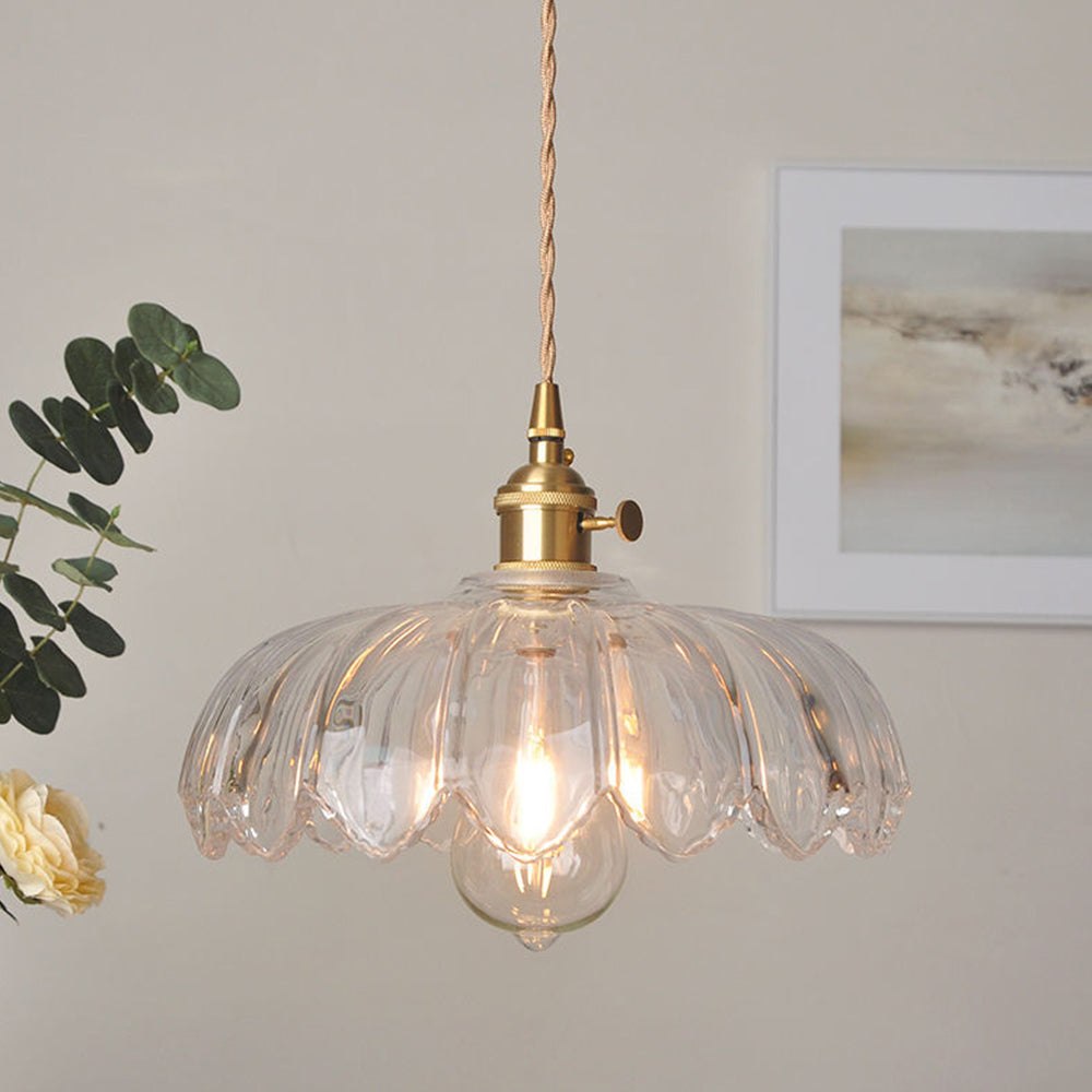 Vintage Flower Glass Pendant Light, Scalloped Glass Hanging Lamp with Brass Socket for Kitchen and Dining Room